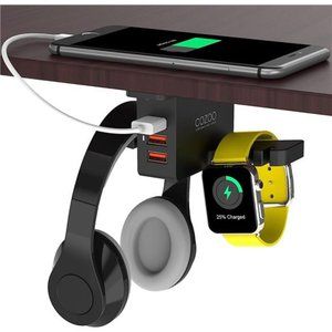 Headphone Stand with USB Charger Under Desk Headset Holder Mount with 3 Port USB